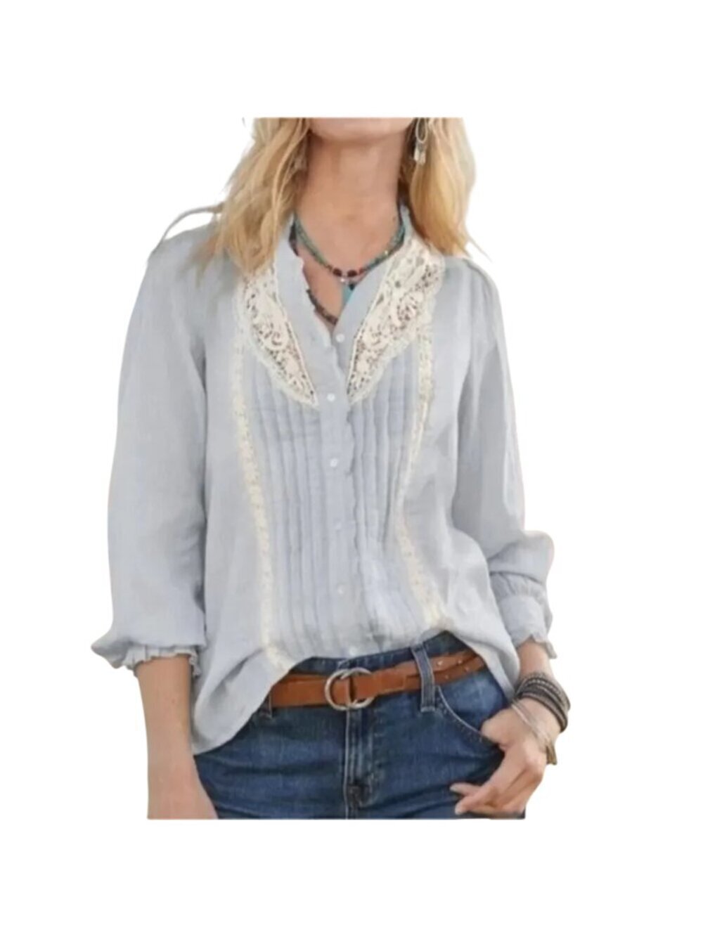 Sundance Light Blue Cotton Lace Ruffle Trim Pintuck Pleat Button Front Blouse